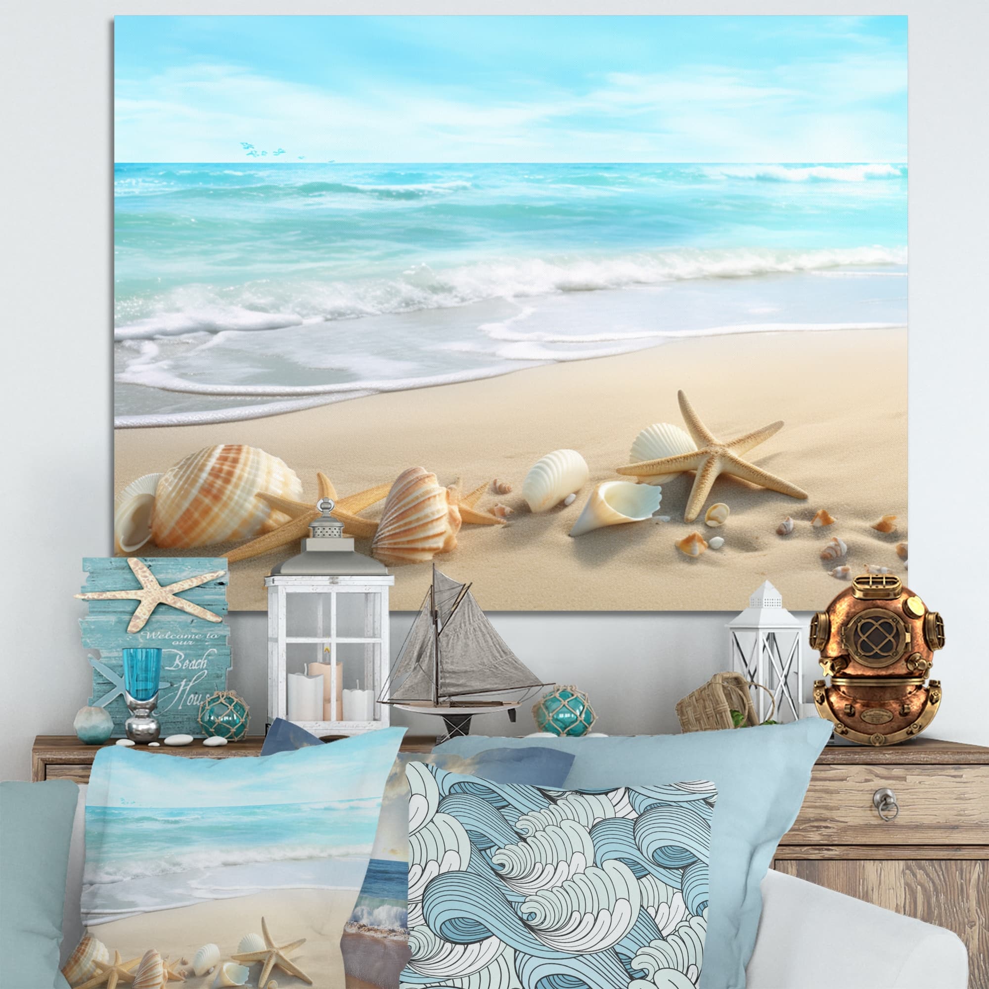 Designart "Starfish And Seashells Iii" Modern Landscape Beach Canvas